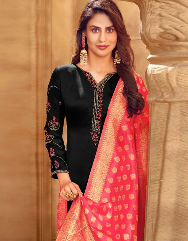 Black Satin Georgette Chudidar Salwar Suits for Women - Elegant Indian Ethnic Wear for Weddings, Parties & Festivals