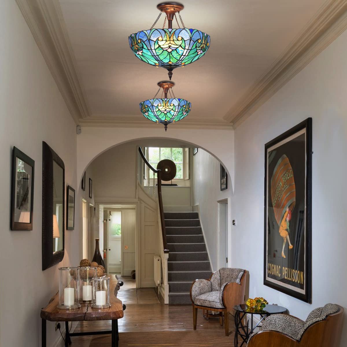 Tiffany Style Ceiling Light Fixture - 16 Inch Stained Glass Victorian Semi-Flush Mount Lamp with 2 Lights - Perfect for Hallway, Bedroom, Kitchen & Dining Room Lighting