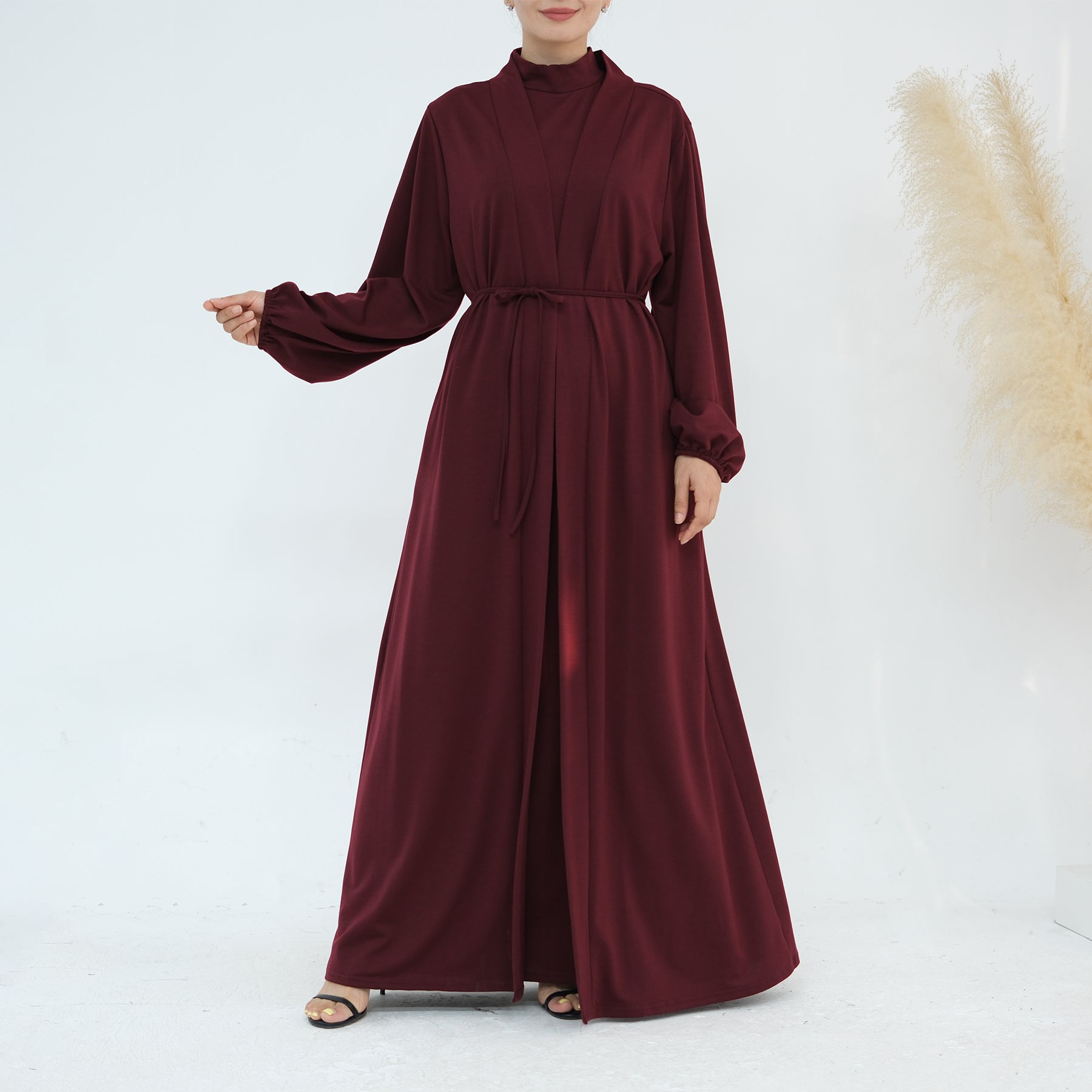 Jojo 3-Piece Modal Abaya Set in Wine Red - Premium Muslim Prayer Dress for Women, Comfortable & Breathable Islamic Clothing for Prayer, Mosque, Eid, and Special Occasions