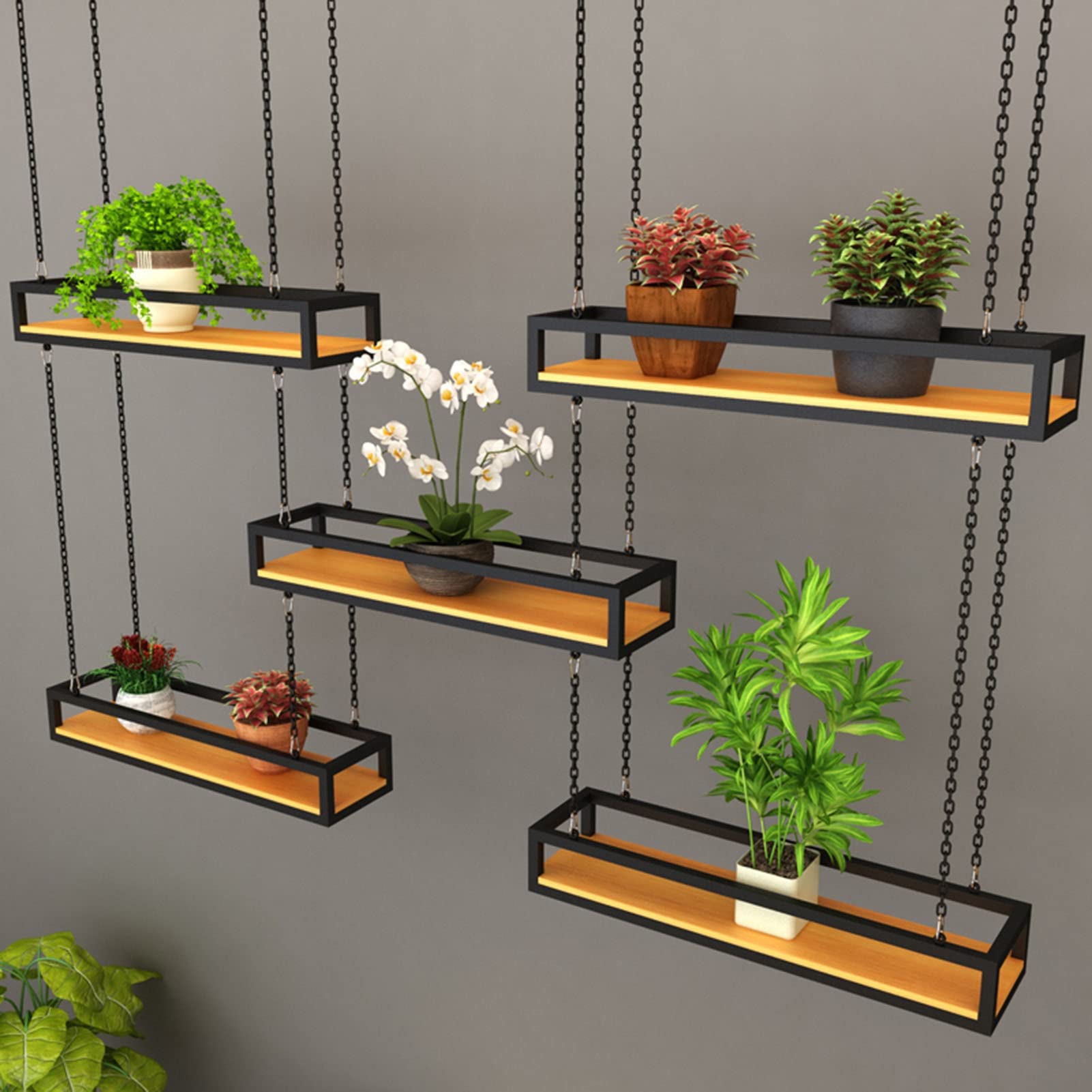 Industrial Floating Shelves for Kitchen & Bar - Solid Wood & Metal Iron Ceiling Shelf, Wall Mounted Pot Pan Rack, Hanging Basket for Storage & Decoration - Perfect for Restaurant, Home Decor & Flower Display