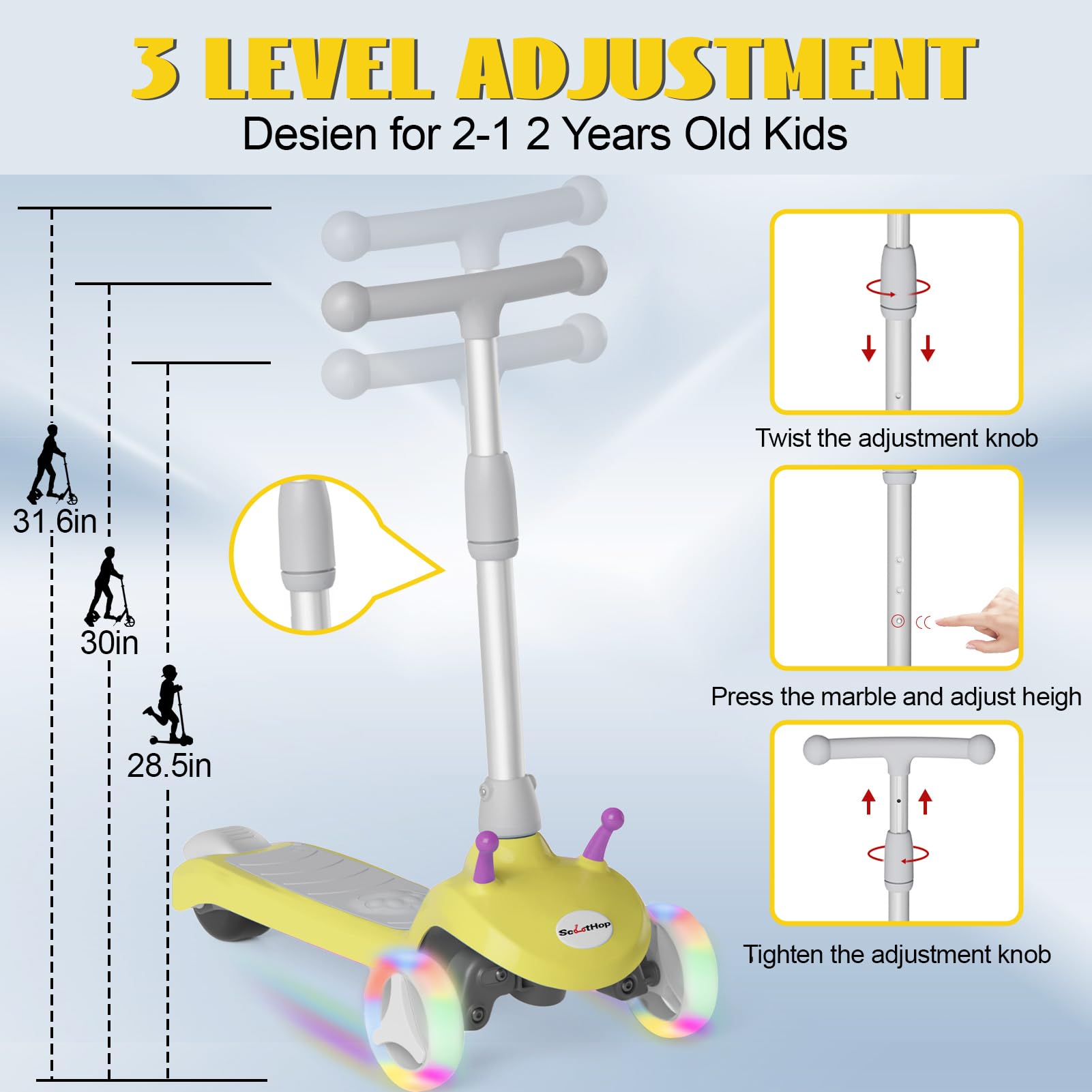 Best Electric Scooter for Kids Ages 3-8 - 3-Wheel LED Light-Up Scooter with Adjustable Height & Lean-to-Steer Design | Safe C-Shaped Handle | Perfect Birthday Gift for Boys & Girls | Ideal for Park Rides, Neighborhood Commuting & Outdoor Fun