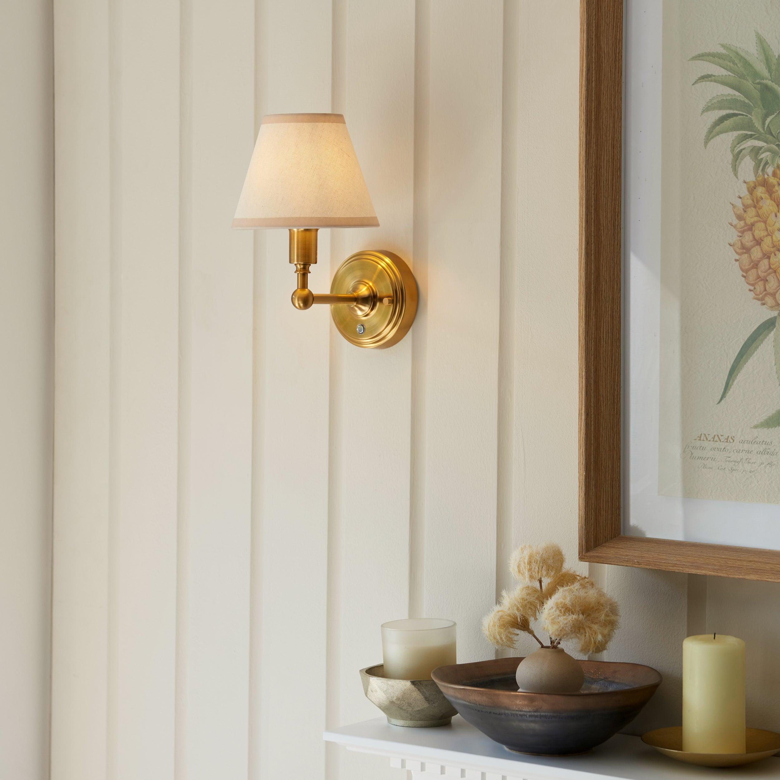 Vintage Brass Wall Light with 16cm White Shade - Rechargeable LED Sconce for Bedroom, Living Room & Hallway Decor
