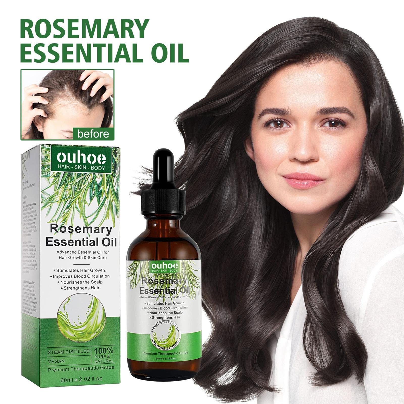 Organic Rosemary Oil for Hair Growth & Scalp Care - 100% Pure Natural Essential Oil for Thicker Hair, Hair Regrowth & Reducing Hair Loss - 60ml Bottle for Daily Hair & Scalp Massage at Home