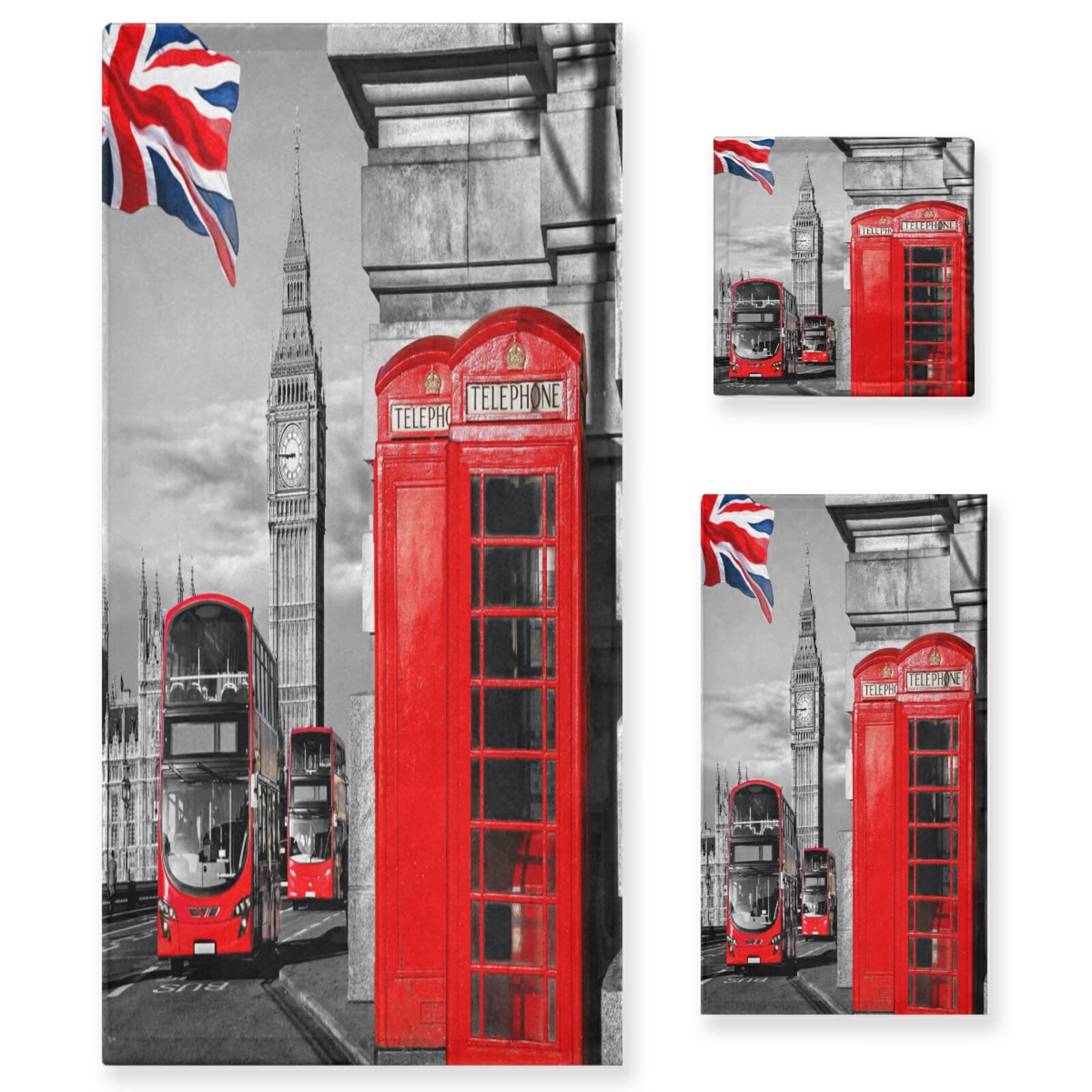 ALAZA London Big Ben Street Bus British Flag Union Jack Soft 3-Piece Bath Towel Set - 1 Bath Towel, 1 Hand Towel, 1 Washcloth for Bathroom, Spa, Hotel & Home Decor | UK Themed Luxury Cotton Towels