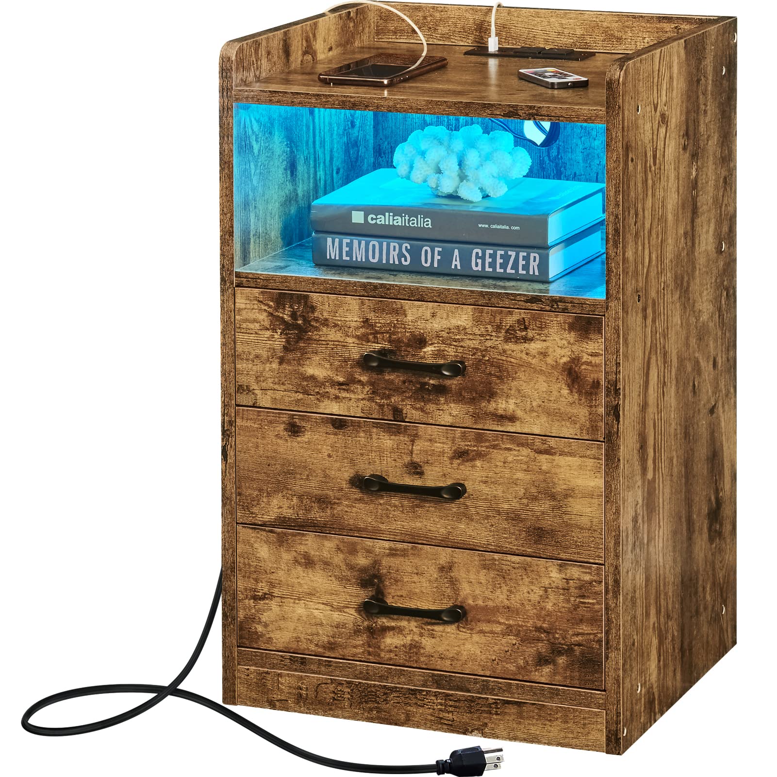 LED Nightstand with USB Charging - 3-Drawer Bedside Table for Bedroom Storage