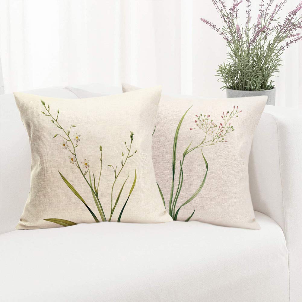 Set of 4 Green Plant Throw Pillow Covers - 18x18 Inch Cotton Linen Cushion Covers for Sofa, Couch & Outdoor Decor - Spring Summer Home Decor with Fresh Floral Design | Perfect for Living Room, Bedroom & Patio