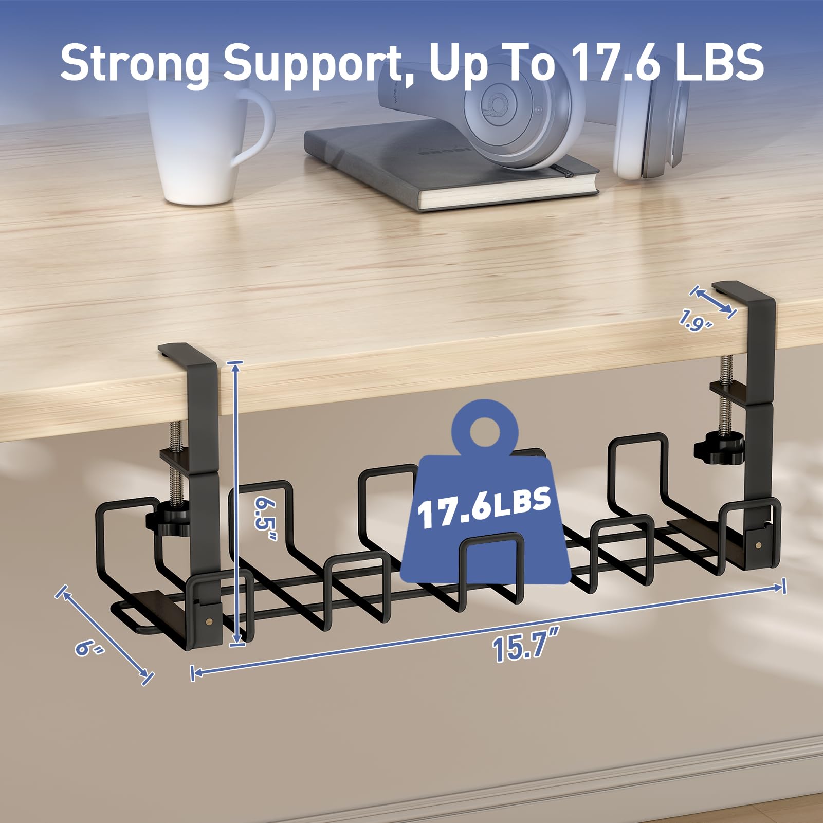 SpaceCare Under Desk Cable Management Tray - No Drill Wire Organizer for Home & Office - Black Cable Rack & Cord Holder Kit (1 Pack) - Perfect for Computer, Gaming & Workspace Organization