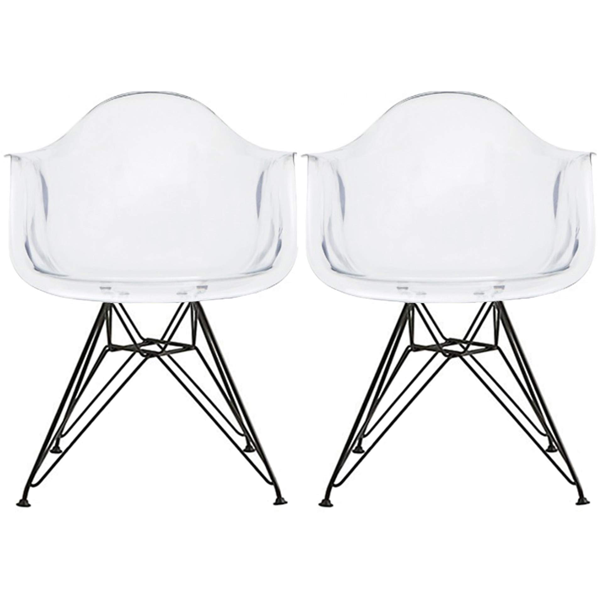 2xhome Modern Acrylic Dining Chairs with Arms - Set of 2 Black Metal Wire Leg Clear Transparent Armchairs for Kitchen, Dining Room & Office - Contemporary Home Decor Furniture