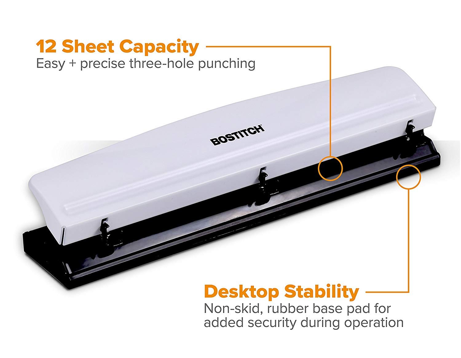 Bostitch Premium 3 Hole Punch for Paper - 12 Sheet Capacity Metal Hole Puncher with Rubber Base & Easy-Clean Tray (White, KT-HP12-WHITE) - Perfect for Office, School, and Home Organization
