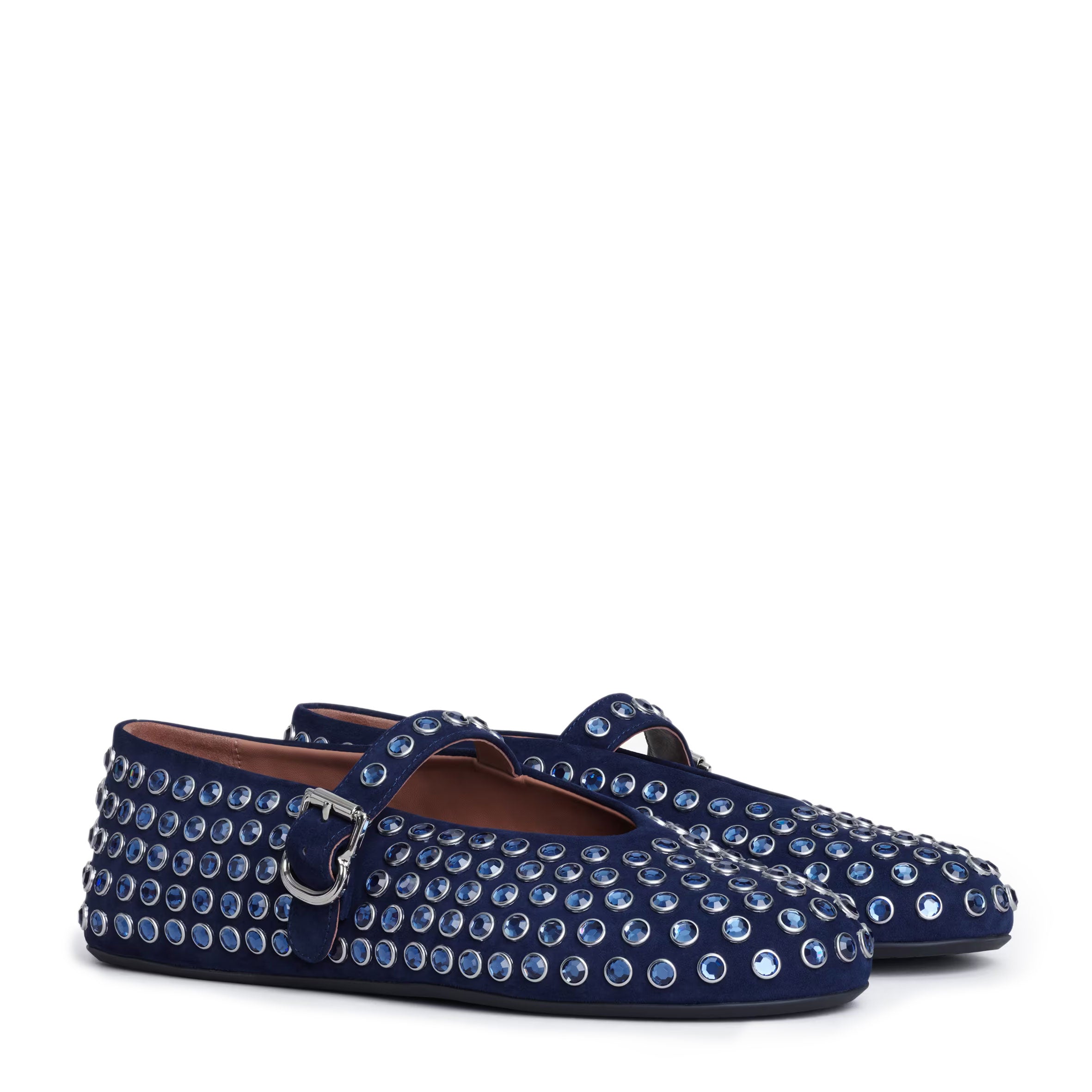 Blue Suede Ballet Flats with Rhinestones - Comfortable Women's Shoes for Work, Party & Everyday Wear
