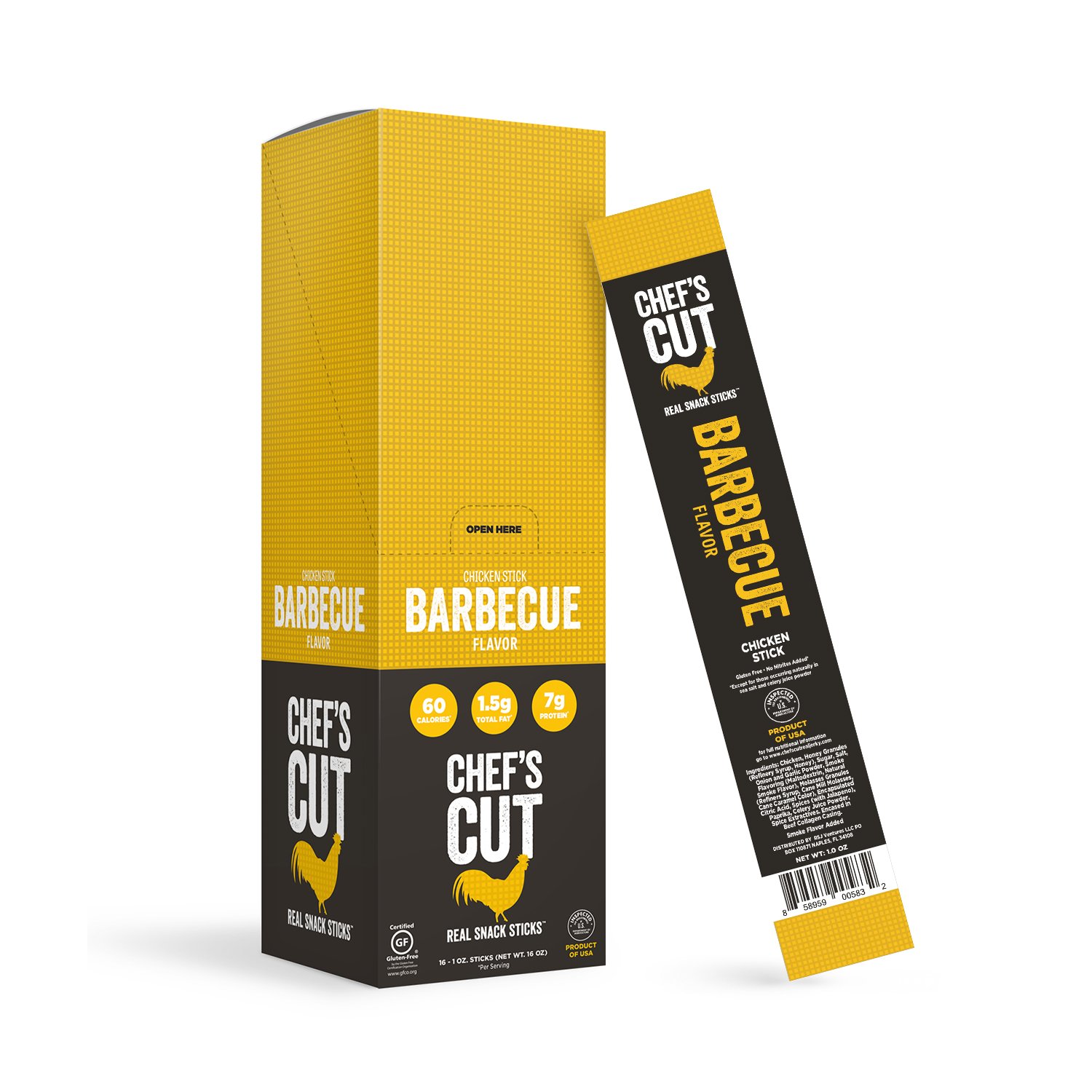 Chef's Cut Chicken Snack Sticks - Barbecue Flavor, High Protein, Low Calorie (7g Protein, 60 Cal), Gluten Free, Individually Wrapped - 1oz (16 Pack) | Perfect for Keto Diet, Gym Workout, Camping & On-the-Go Snacking
