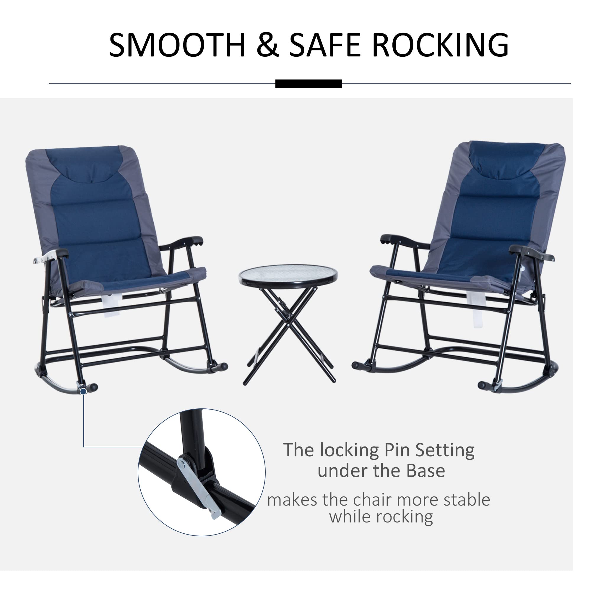 Outsunny 3-Piece Outdoor Patio Furniture Set with Glass Coffee Table & 2 Folding Padded Rocking Chairs - Bistro Style for Porch, Garden, Camping, Balcony, Backyard - Navy Blue - Perfect for Relaxing, Entertaining Guests & Outdoor Dining