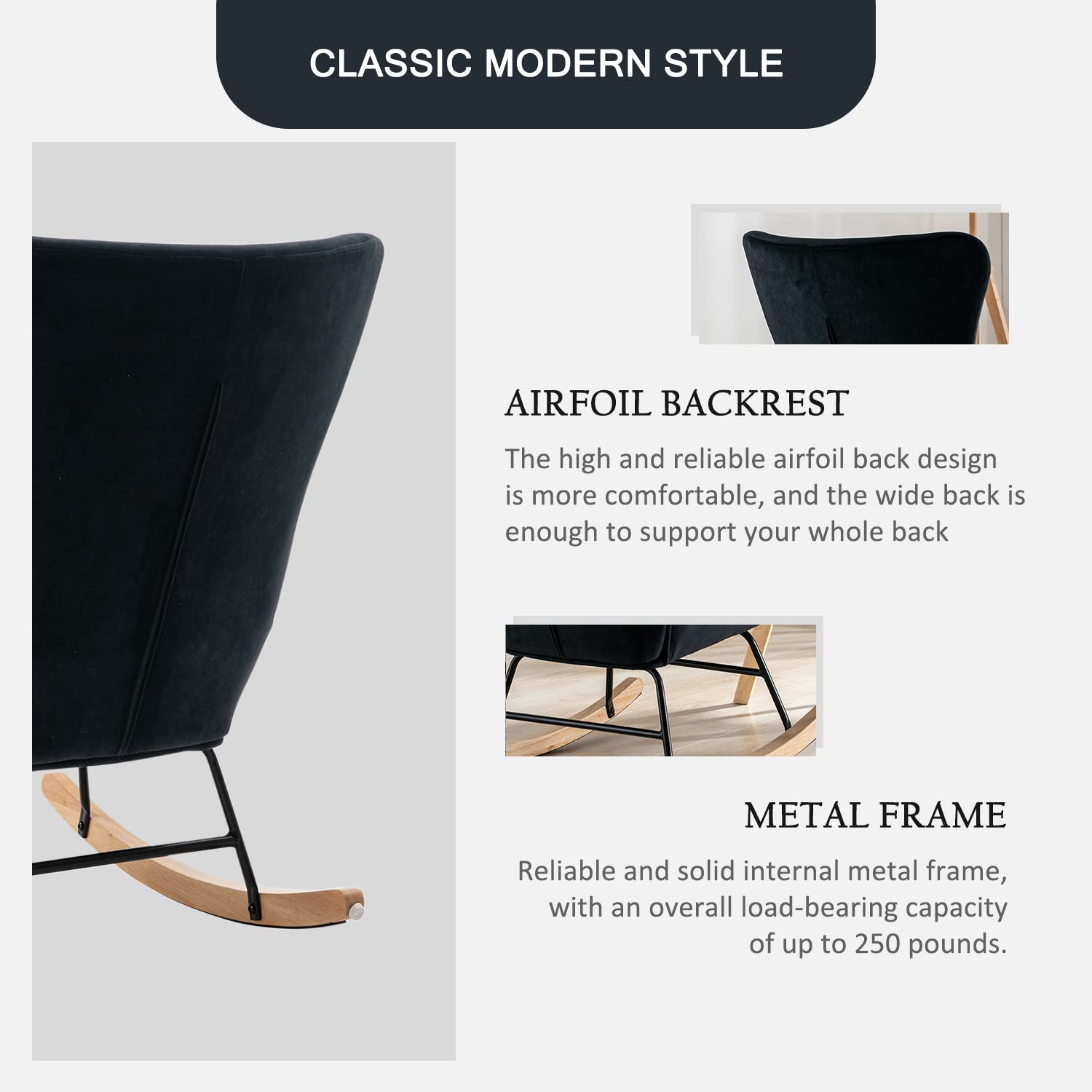 Modern Rocking Chair - High Back Upholstered Glider with Armrests, Comfortable Nursery Rocker for Baby Room, Living Room & Bedroom (Black) - Perfect for Nursing, Reading & Relaxing