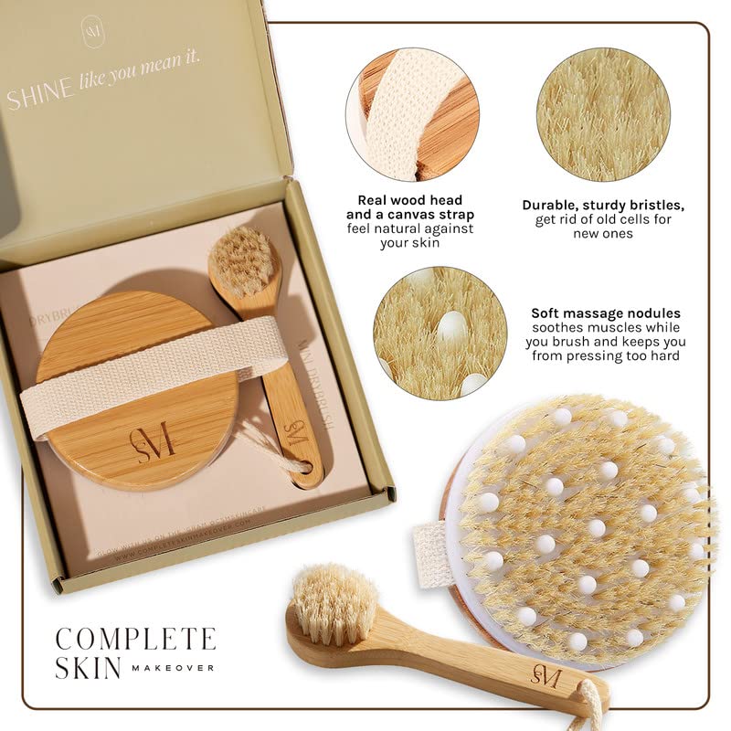 CSM Dry Brushing Body Brush Set - Natural Bristle Exfoliating Brush for Face & Body | Lymphatic Drainage, Cellulite & Circulation | Spa & Home Skincare Routine | Soft Skin Care Kit with Face Brush + Body Brush