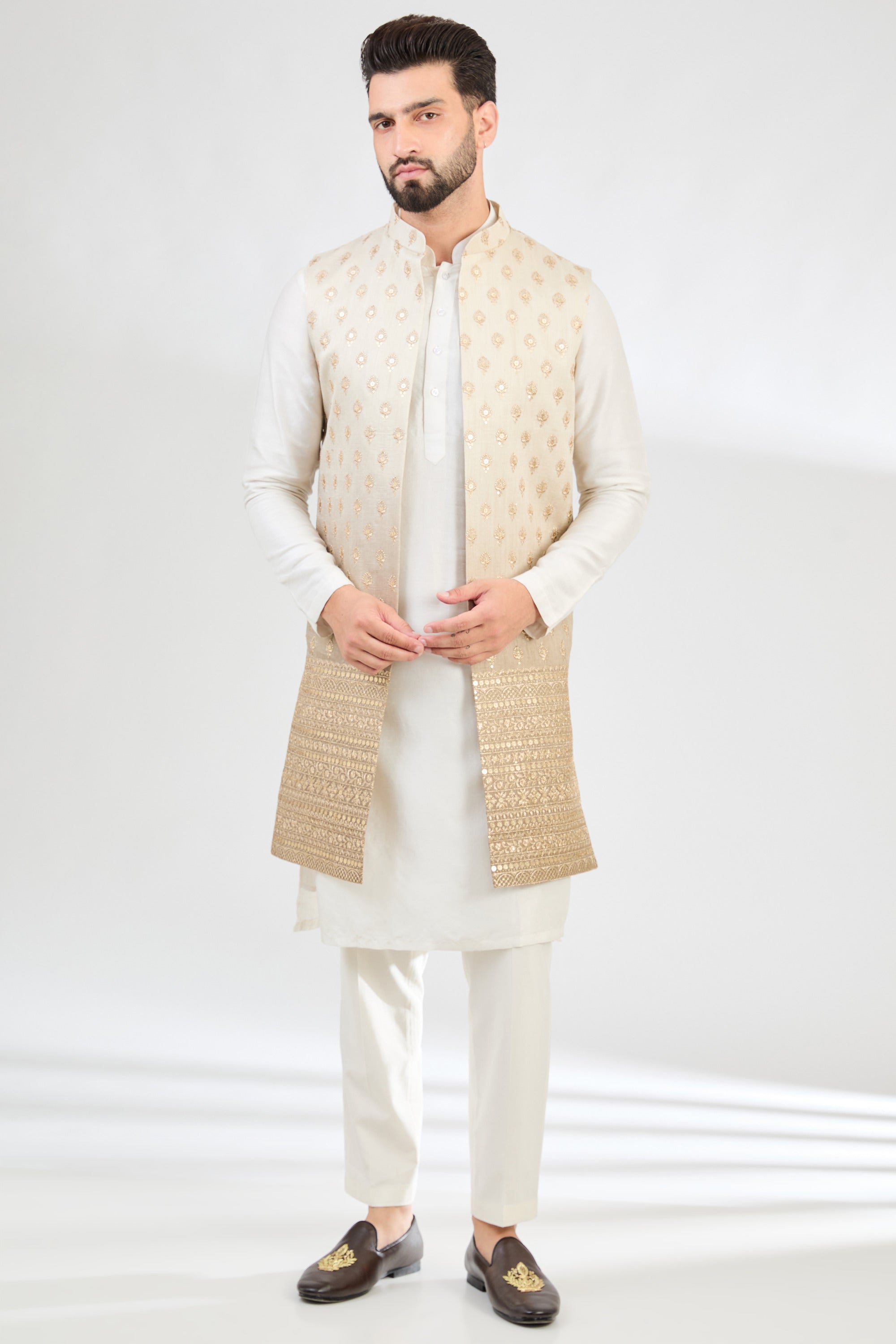 Ombre Shaded Greyish Green Long Open Shrug with Zari Embroidery - Elegant Women's Fashion Cover-Up for Parties, Weddings & Evening Events