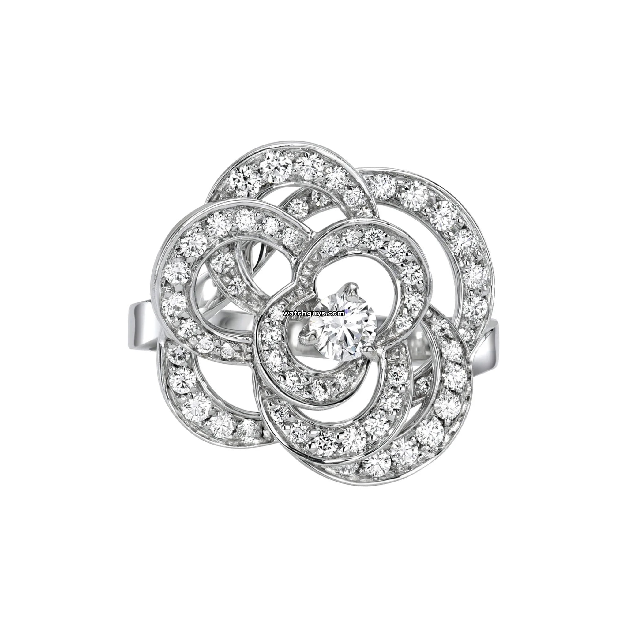 Chanel Fil De Camélia Diamond Ring - 18K White Gold Luxury Jewelry for Women | Elegant Floral Design Engagement & Wedding Band | Perfect Gift for Anniversary, Valentine's Day & Special Occasions