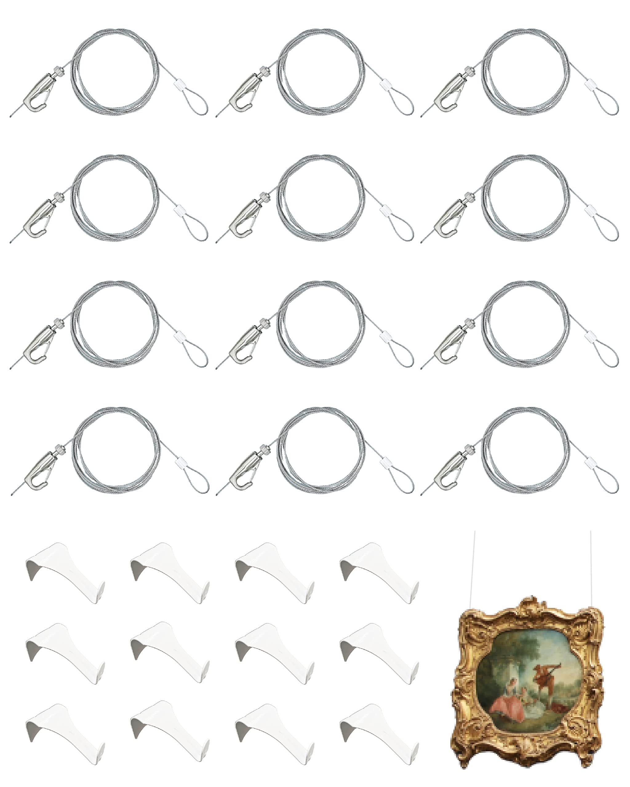 Heavy Duty Picture Hanging Kit - 12 White Rail Hooks, 72