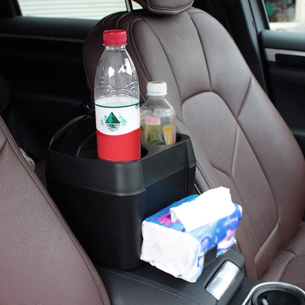 Universal Car Organizer - Multifunctional Storage Box with Cup Holder, Phone Slot, Trash Can for Keys, Wallet, Coins, Snacks & Drinks | Perfect for Road Trips, Commuting & Travel (Black)