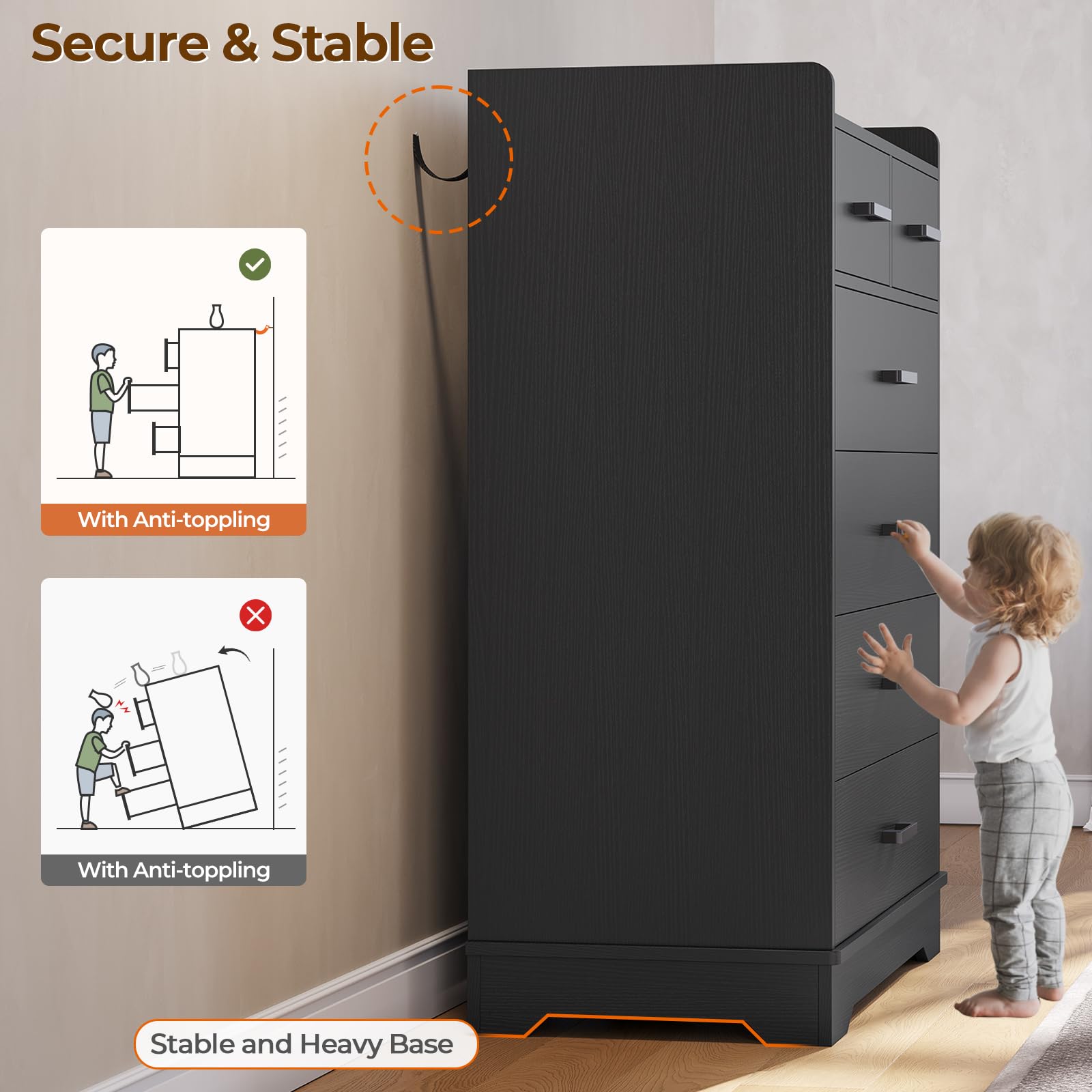 Hasuit Black 6 Drawer Dresser - Solid Wood Storage Chest with Large Capacity, Vertical Clothing Organizer for Bedroom, Hallway & Entryway | Perfect for Small Space Organization & Home Decor