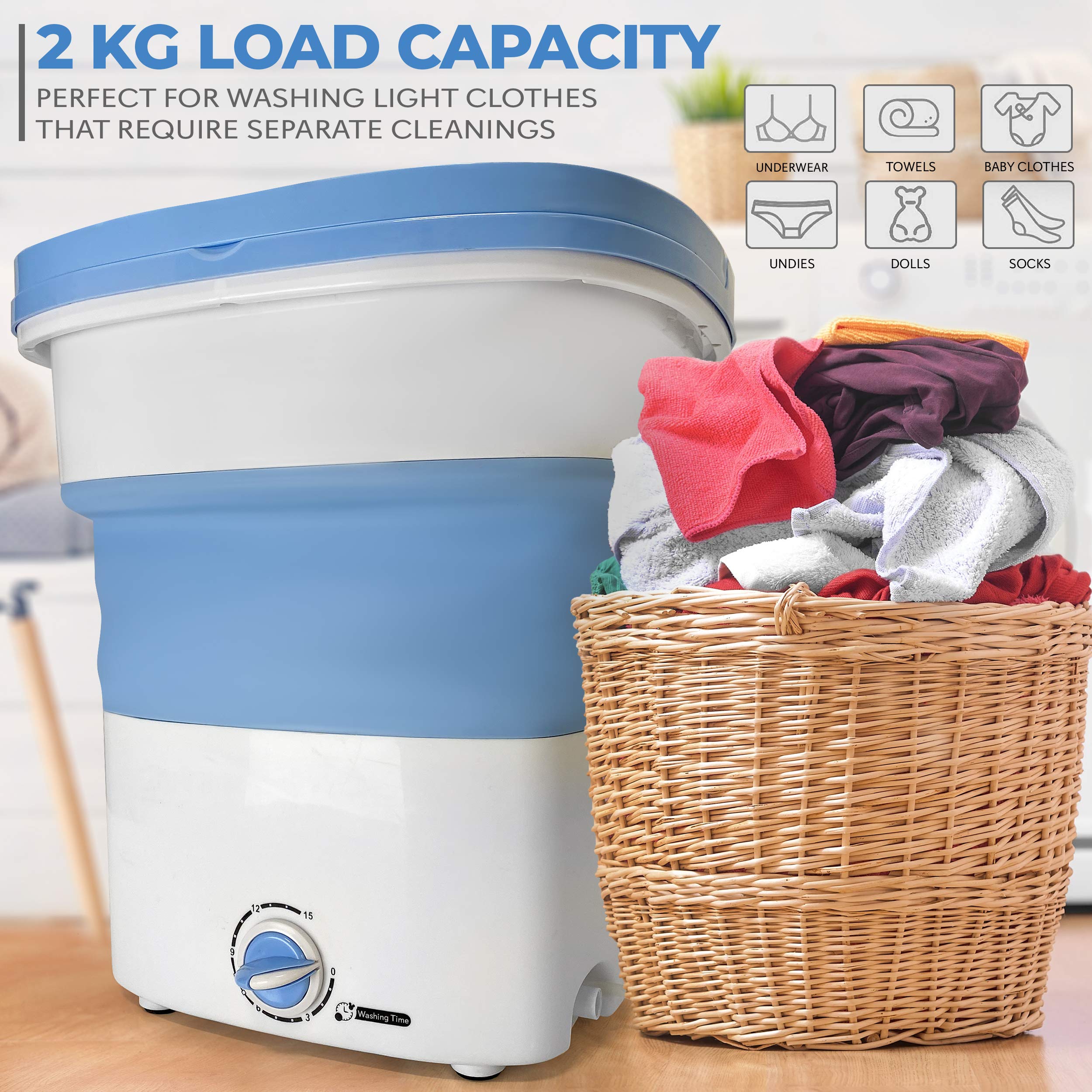 PURE CLEAN Portable Mini Washing Machine | Lightweight Collapsible Bucket for Camping, Travel, Apartments & Dorms | Compact Laundry Solution for Small Spaces | USA Brand Pure Clean PUCWM33.5 in Light Blue | Perfect for RV Trips, College Dorms & Tiny Homes
