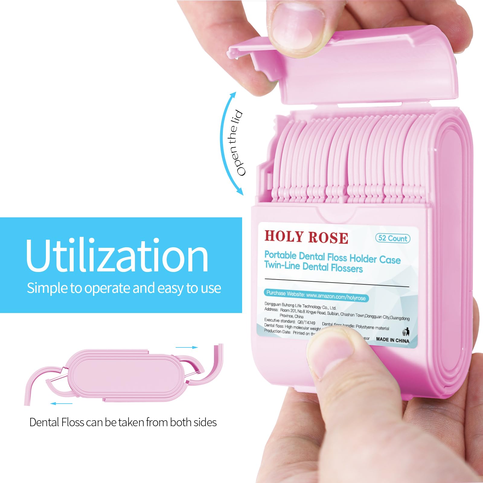 Holy Rose Pink Dental Floss Picks - 104 Count Mint Flavored Twin Line Flossers with 2 Travel Cases | Oral Care Tool for Clean & Fresh Teeth | Perfect for Travel, Home & Office Use
