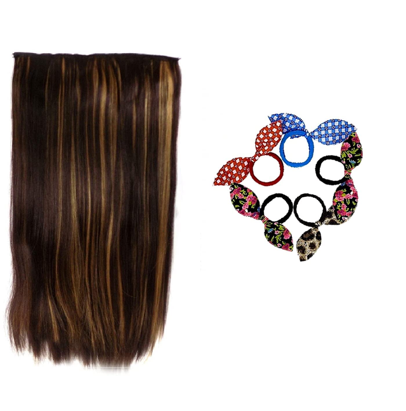 INAAYA Synthetic Hair Extensions - Straight Golden Highlight Clip-in Hair Extensions for Women, Includes 4 Free Rubber Bands | Perfect for Parties, Weddings & Everyday Styling