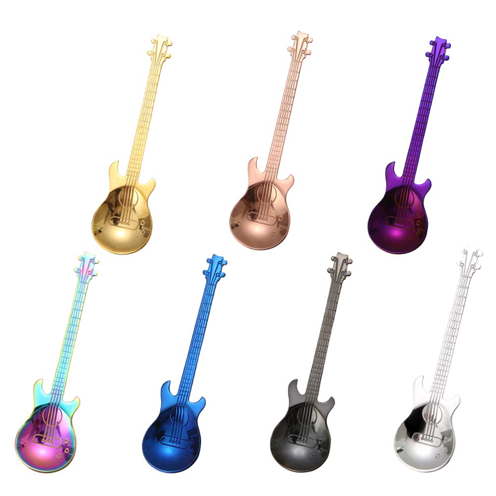 Toyvian 7-Piece Guitar-Shaped Coffee Spoon Set - Stainless Steel Mixing Spoon for Coffee, Tea, Cold Drinks - Perfect for Barista, Home Kitchen & Cafe Accessories