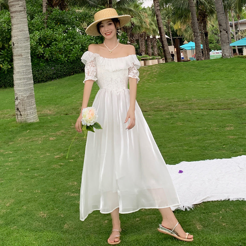 Off Shoulder White Summer Dress with Mid Sleeves & Long Skirt - Casual Boho Style for Beach, Vacation, and Outdoor Parties
