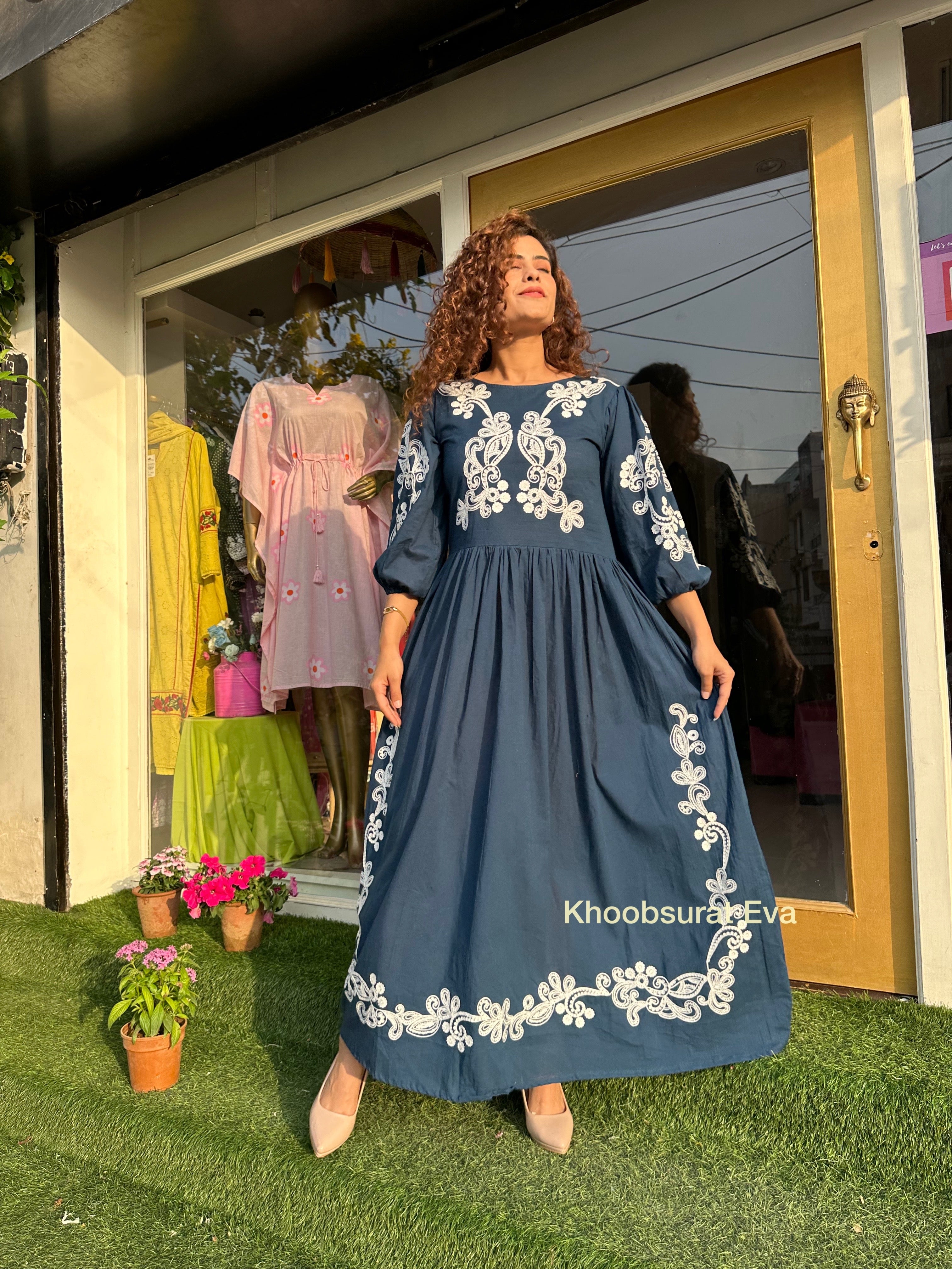 Women's Cotton Bloom Blue Maxi Dress - Flowy Summer Beach Dress for Vacation, Party & Casual Wear