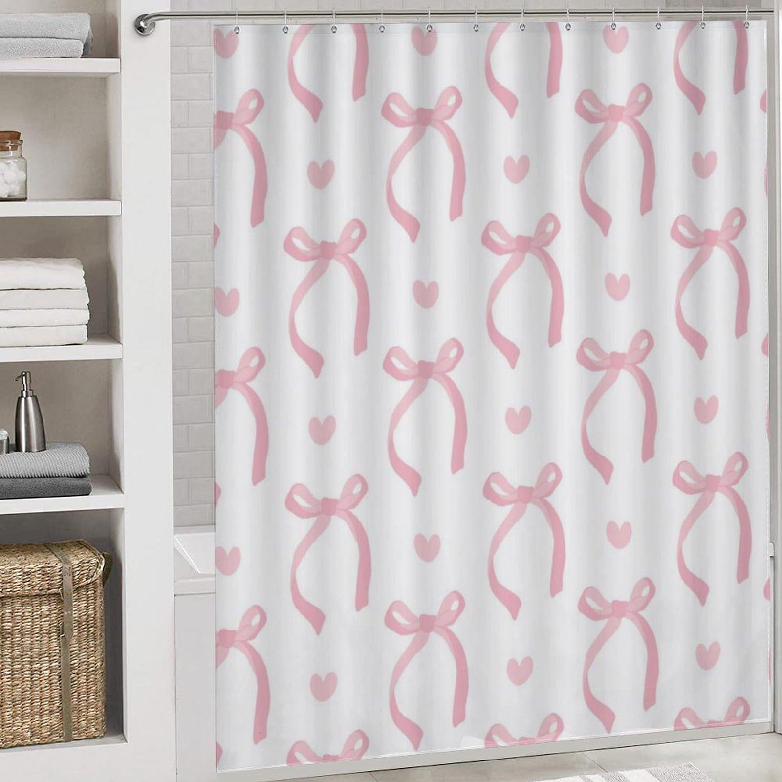4PCS Pink Ribbon Bow Shower Curtain Set with Non-Slip Bath Mat, Toilet Lid Cover & U-Shaped Rug - 72