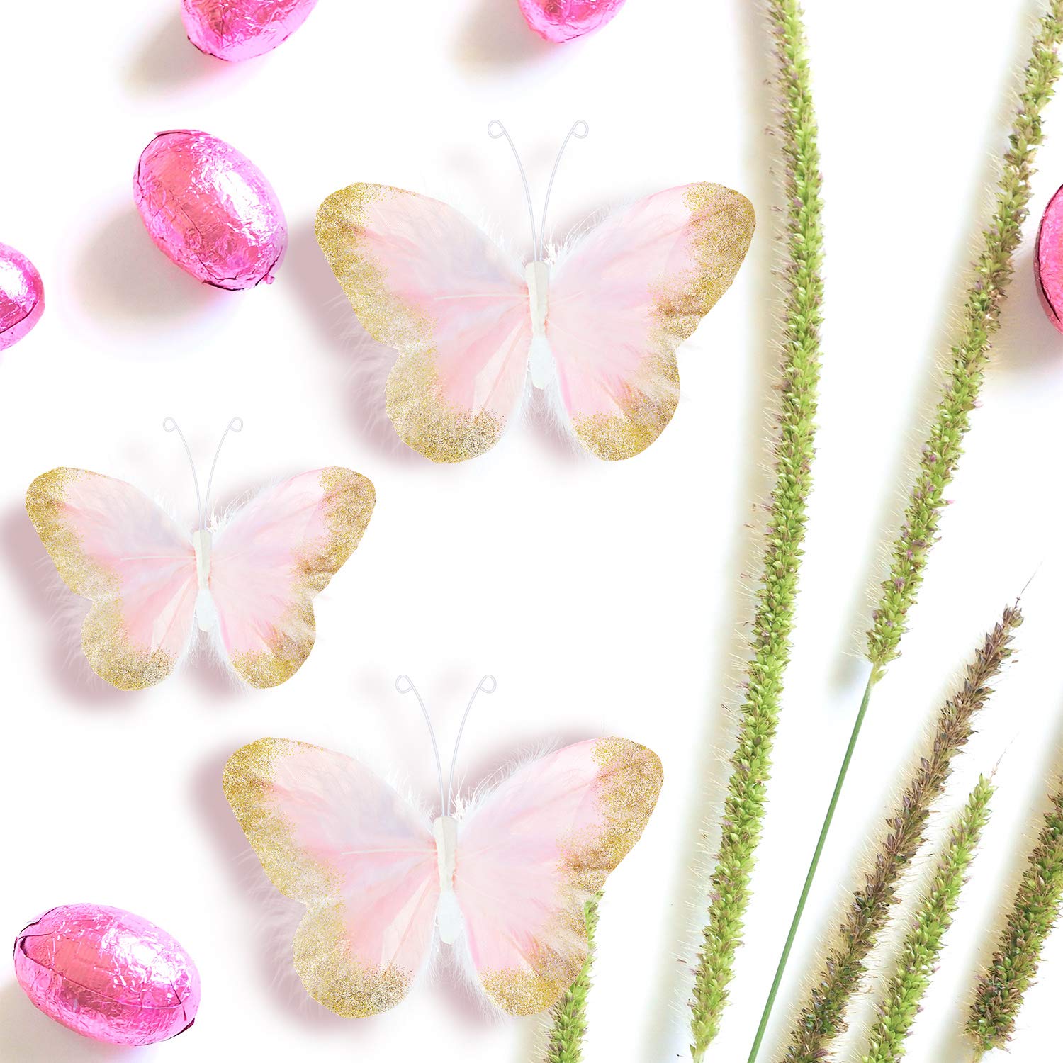 16-Piece 3D Gold Glitter Butterfly Wall Decals - Feather Butterfly Stickers for Home, Office, Bedroom, Bathroom & Living Room Decor (Light Pink) | Perfect for Nursery, Wedding, Party & DIY Wall Art Projects