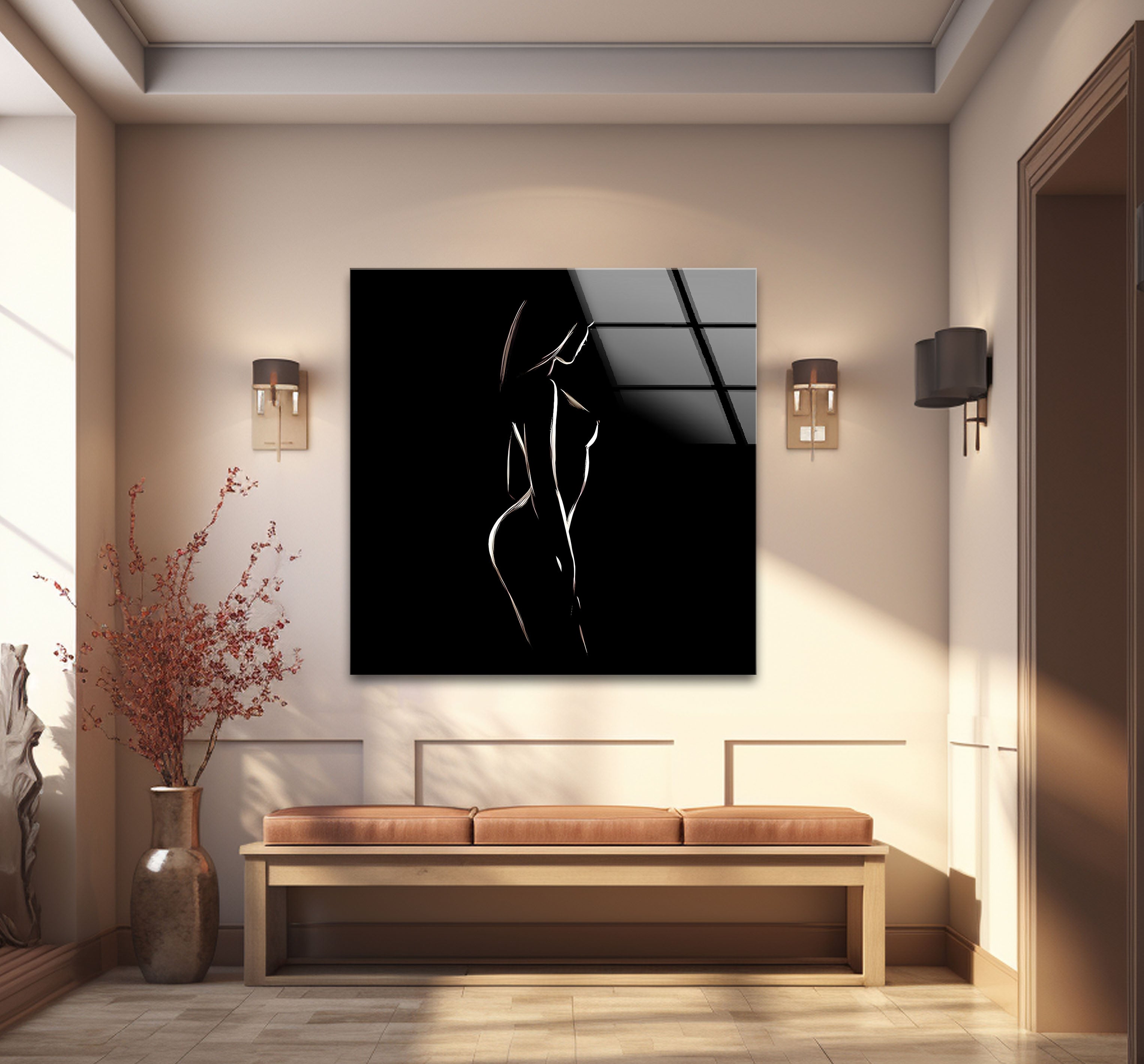 Black and White Erotic Woman Glass Wall Art - Modern Home Decor for Living Room, Bedroom & Office - Elegant Glass Painting for Contemporary Interior Design