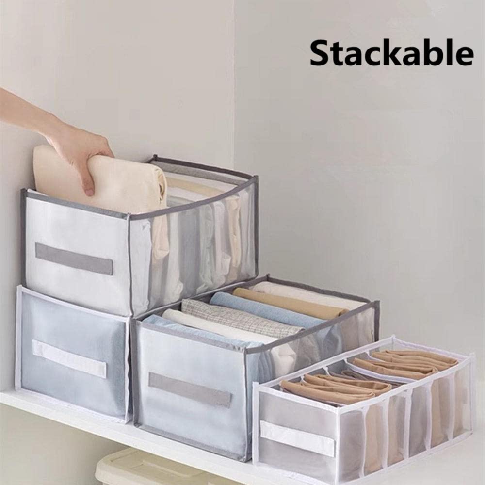 7 Grids Washable Wardrobe Clothes Organizer - Foldable Jeans Storage Divider - Mesh Closet Drawer Organizer with Visible Compartments (Gray) - Perfect for T-Shirts, Pants & Sweaters Organization