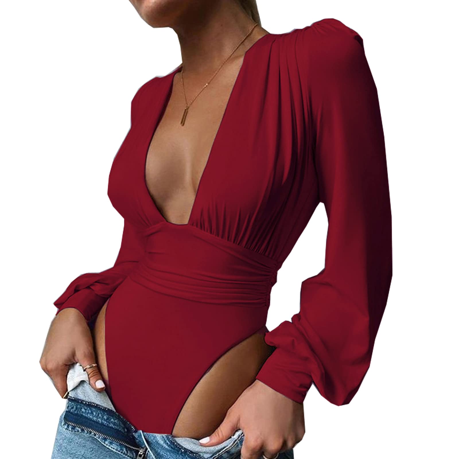Stylish Women's Deep V Neck Puff Sleeve Bodycon Jumpsuit - Stretchy Sexy Bodysuit for Night Out, Party & Date Night | Syydn Fashion