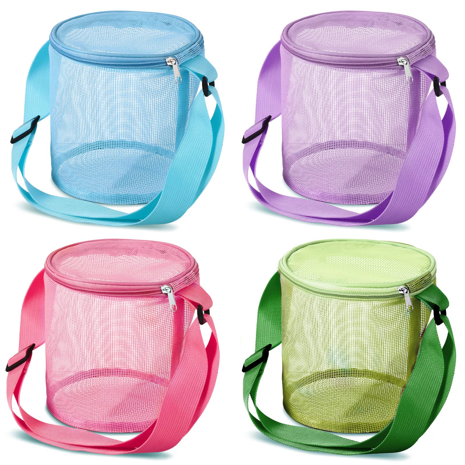 Frienda 4-Piece Large Mesh Beach Tote Bags with Adjustable Straps & Zipper - Cylindrical Storage for Sand Toys, Swim Gear & Summer Essentials - Pink, Blue, Green, Purple for Boys & Girls - Perfect for Beach Trips, Pool Parties & Outdoor Adventures