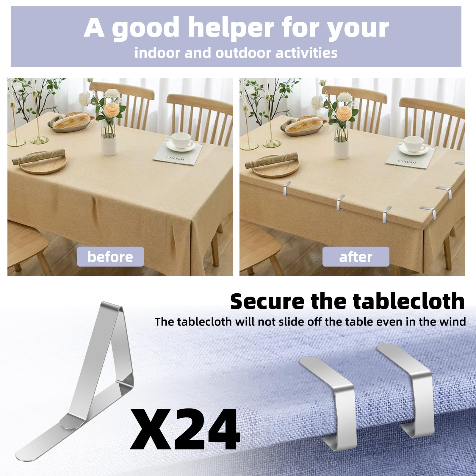 24Pcs Stainless Steel Tablecloth Clips for Outdoor Picnic, Camping & Party - Heavy Duty Tablecloth Weights for Windy Days - Perfect for BBQs, Beach Parties and Garden Gatherings