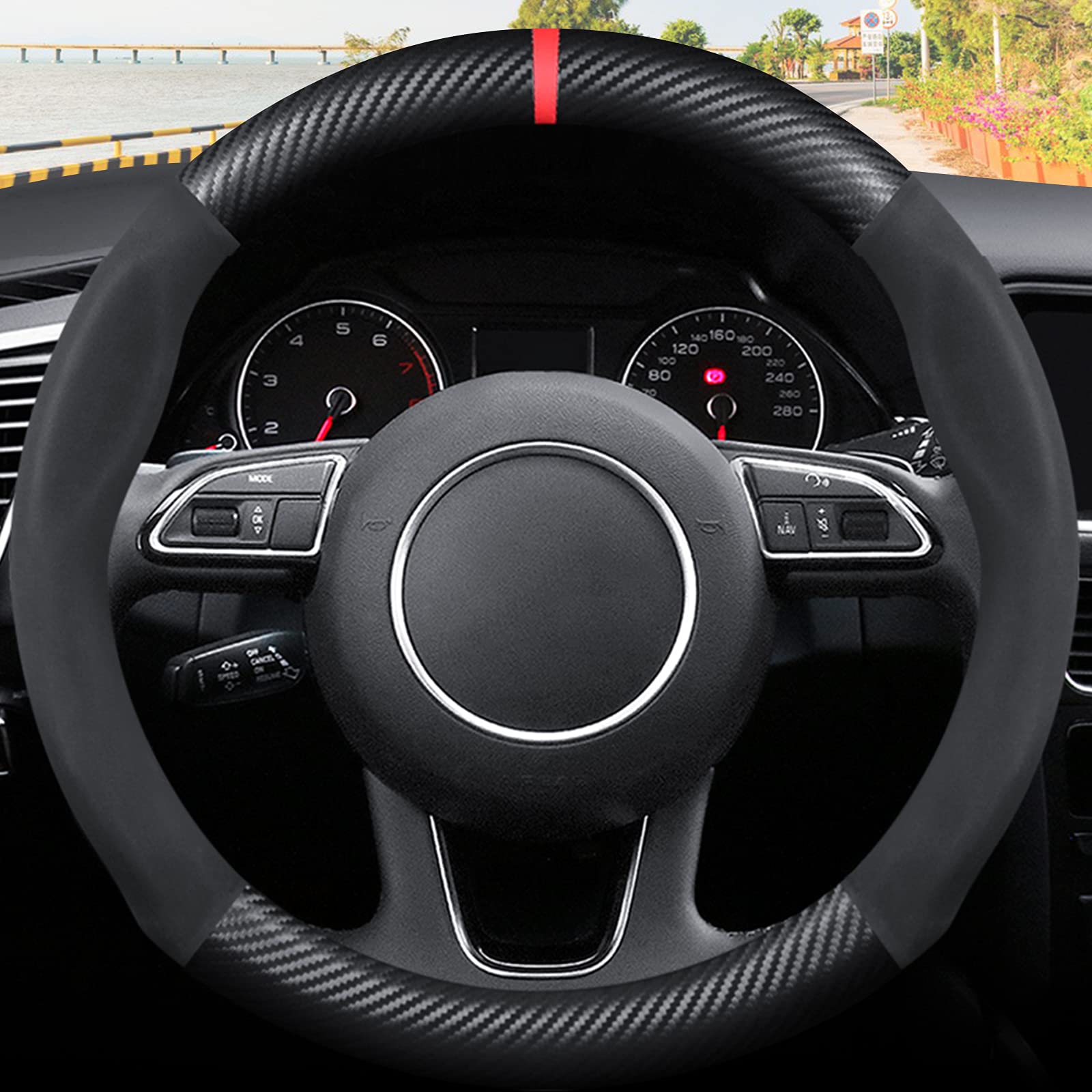 Premium Carbon Fiber & Microfiber PU Leather Steering Wheel Cover - Anti-Slip, Breathable, Sweat Absorbent - 15