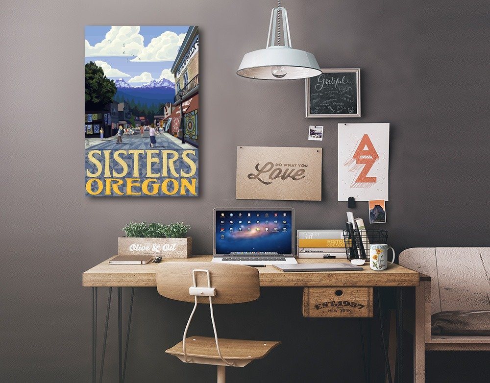 Oregon Sisters Town & Mountain Quilt Design Wall Art - 12x18 Wrapped Canvas for Living Room, Bedroom & Office Decor