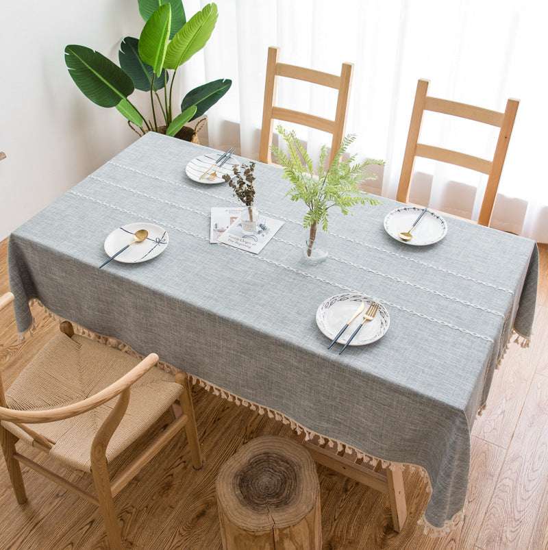 140cm x 90cm Grey Striped Cotton Linen Tablecloth with Embroidered Tassels - European American Farmhouse Style for Restaurants, Cafes & Home Dining Decor