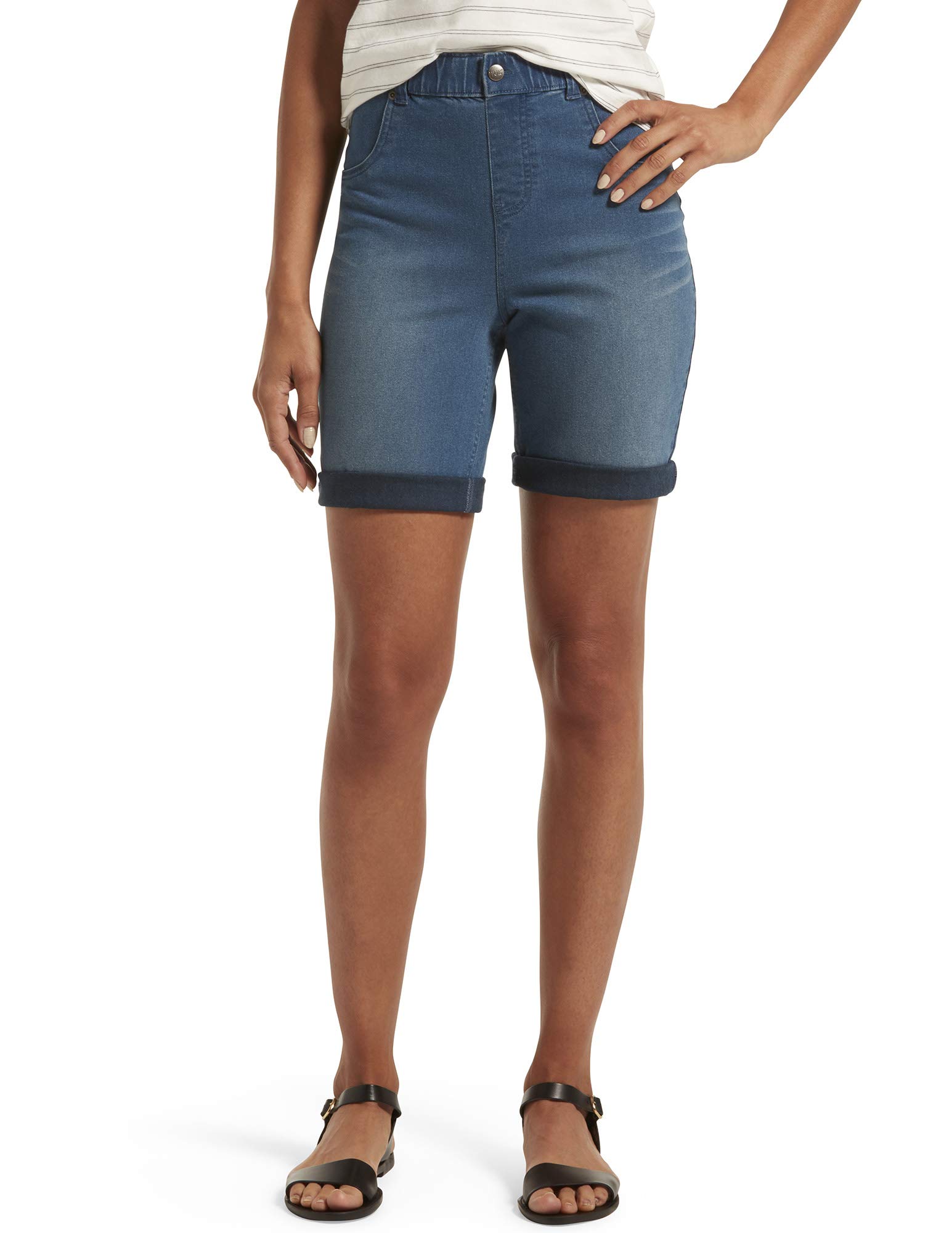 HUE Women's Ultra Soft Denim High Rise Bermuda Shorts - Comfortable Stretch Denim Shorts for Women - Perfect for Summer, Casual Wear & Beach Outfits