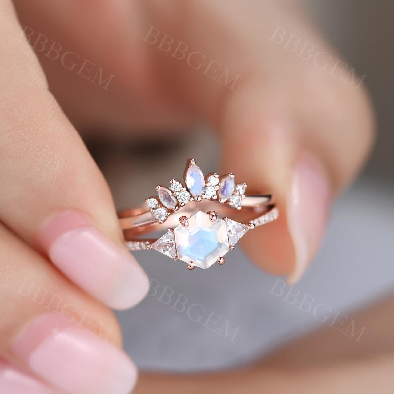 Hexagon Moonstone Engagement Ring Set 14K Rose Gold Wedding Band with Side Triangle Moissanite Diamonds - Perfect for Bridal Jewelry, Anniversary Gifts & Romantic Proposals