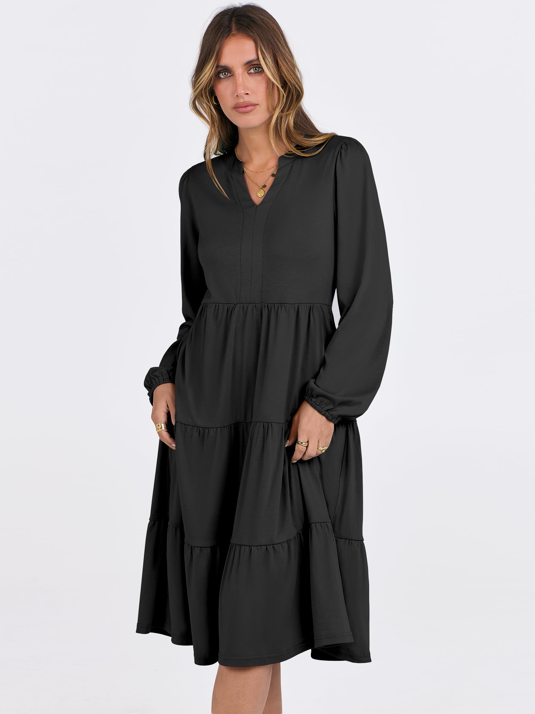 ANRABESS Women's Long Sleeve V-Neck Flowy Swing Dress - 2025 Spring Casual Loose Fit Tiered Maxi Dress for Vacation, Beach, Party & Everyday Wear