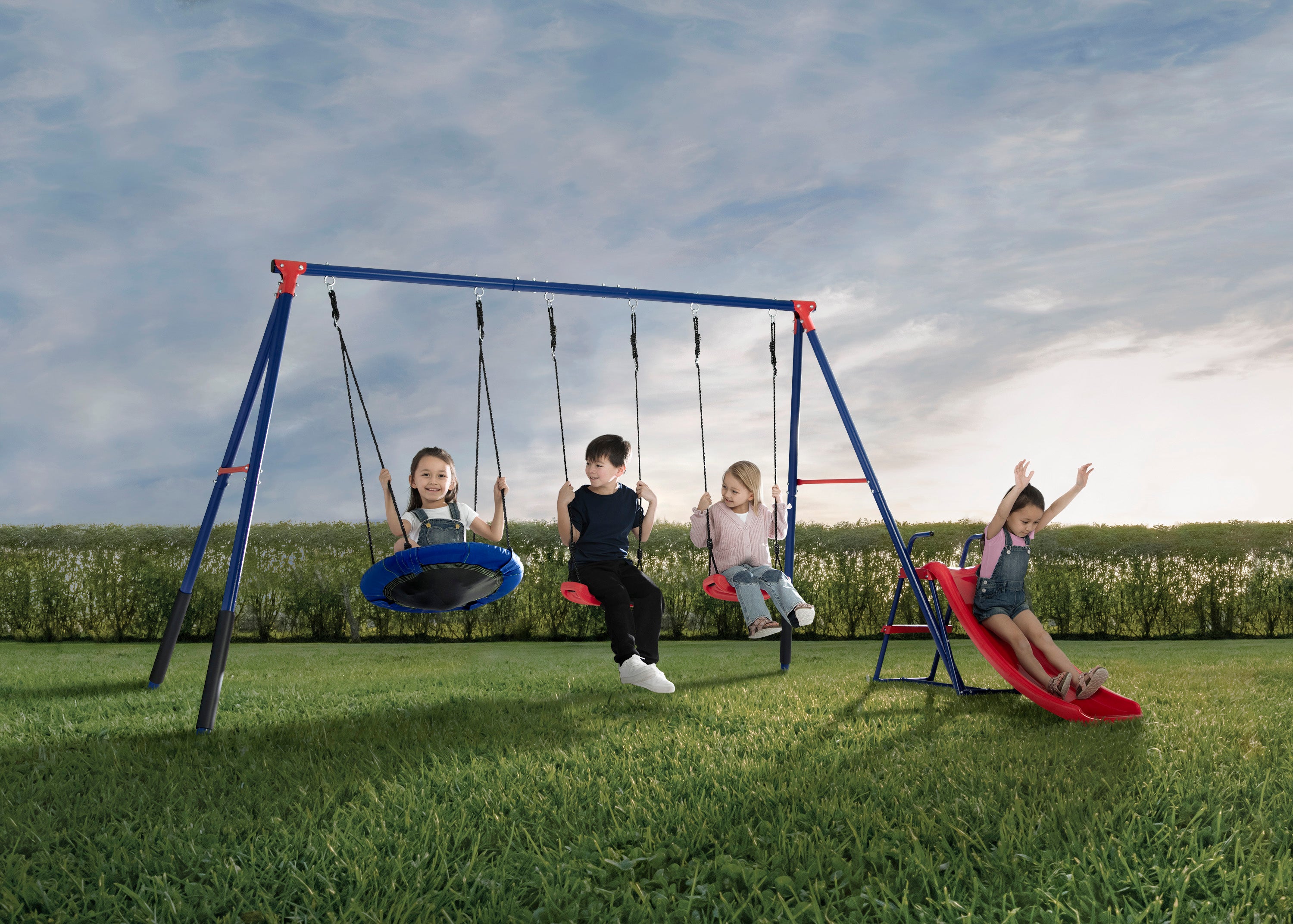 FunZone Outdoor Metal 4-Piece Swing Set with 2 Swings, 1 Disc Swing & Slide - Heavy Duty Backyard Playset for Kids Ages 3-12 - Perfect for Gardens, Parks & Outdoor Family Fun