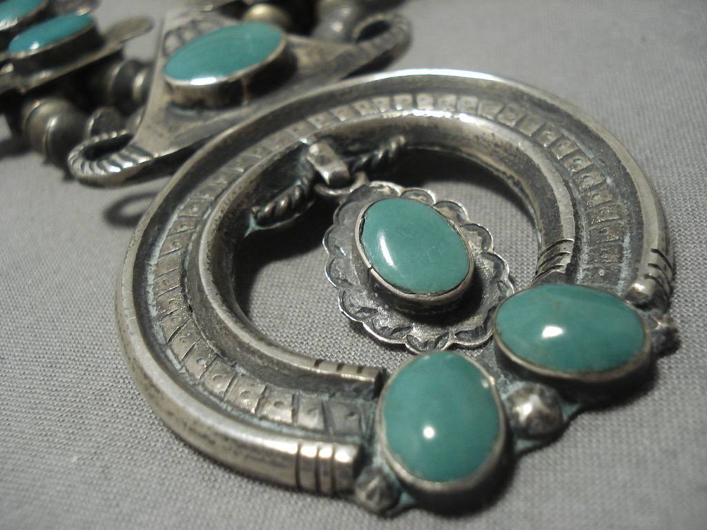 Vintage 1940s Navajo Native American Squash Blossom Necklace - Sterling Silver with Royston Turquoise | Southwest Jewelry for Women, Boho Fashion Accessory, Wedding & Special Occasion Gift