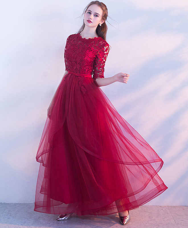 Elegant Burgundy Tulle Lace Long Prom Dress | Formal Evening Gown for Homecoming, Wedding, Quinceañera & Special Occasions