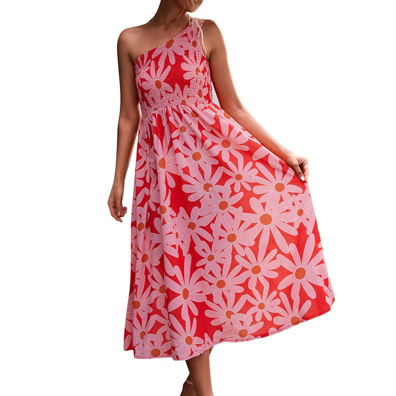 Women's Summer Floral One Shoulder Casual Dress - Sleeveless Ruffled Flowy Design for Beach, Vacation & Outdoor Parties