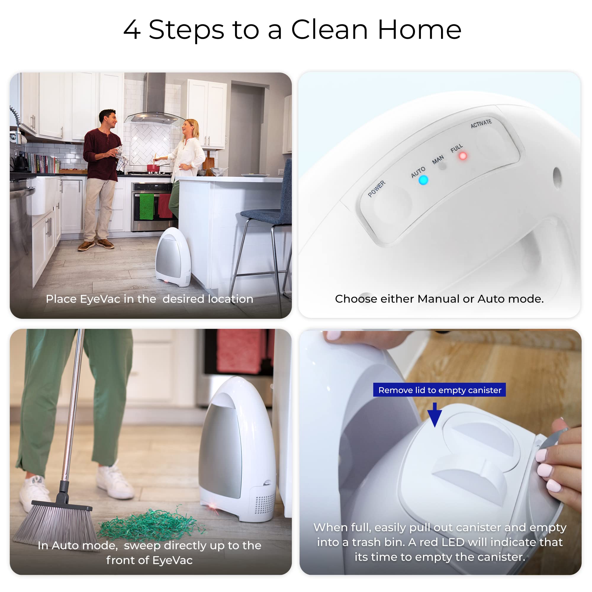 EyeVac Home Touchless Automatic Dustpan Vacuum - Ultra Powerful 1000W Corded Canister Vacuum for Pet Hair, Food Crumbs & Kitchen Dirt - Bagless Design with Smart Sensors (White) | Perfect for Quick Cleanups in Kitchens, Living Rooms & Pet Areas