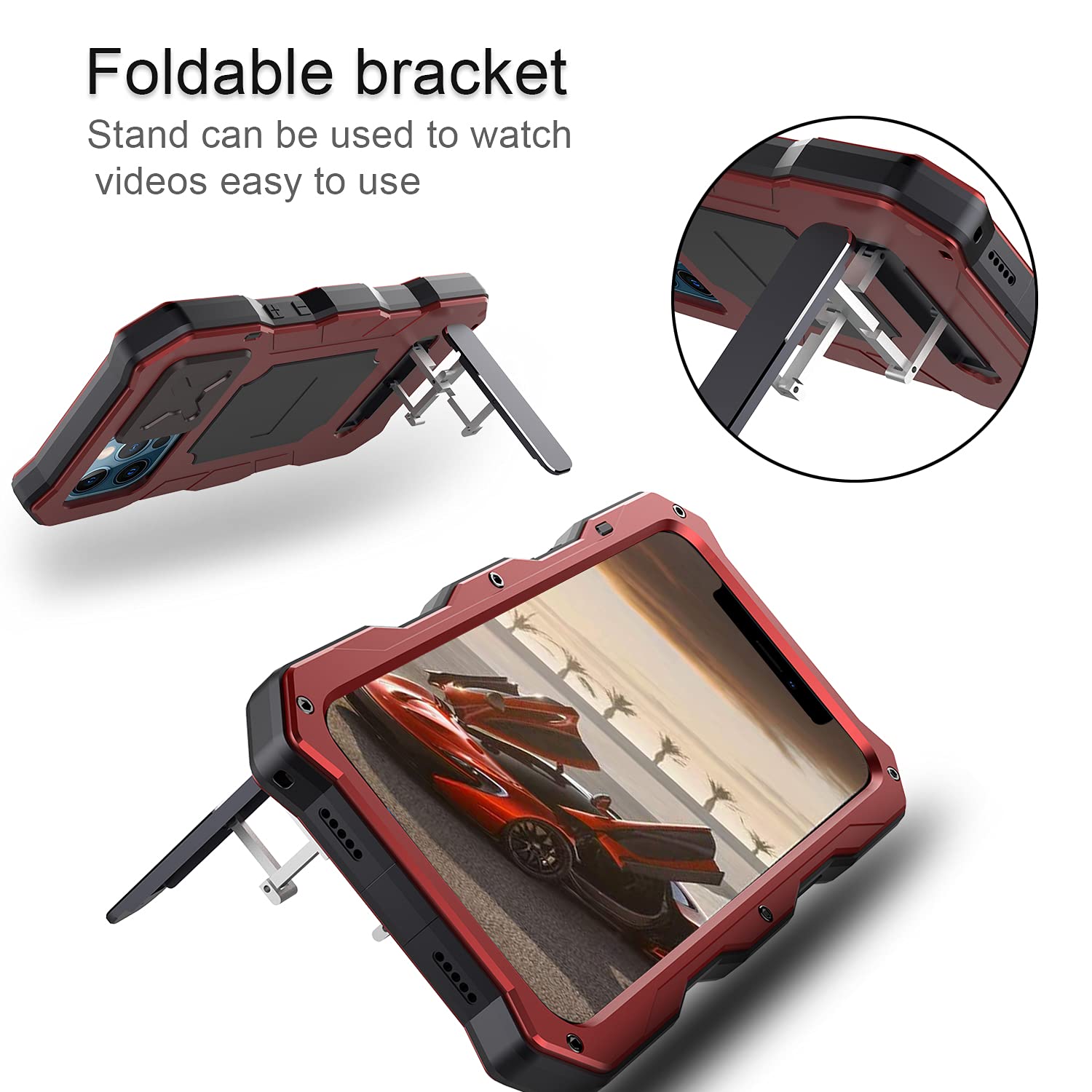 iPhone 12 Pro Max Heavy Duty Rugged Case with Camera Protector & Stand | Military-Grade Metal Silicone Full Cover | Includes Screen Protector & Slide Camera Cover | Perfect for Outdoor Activities, Travel & Extreme Sports (Red)