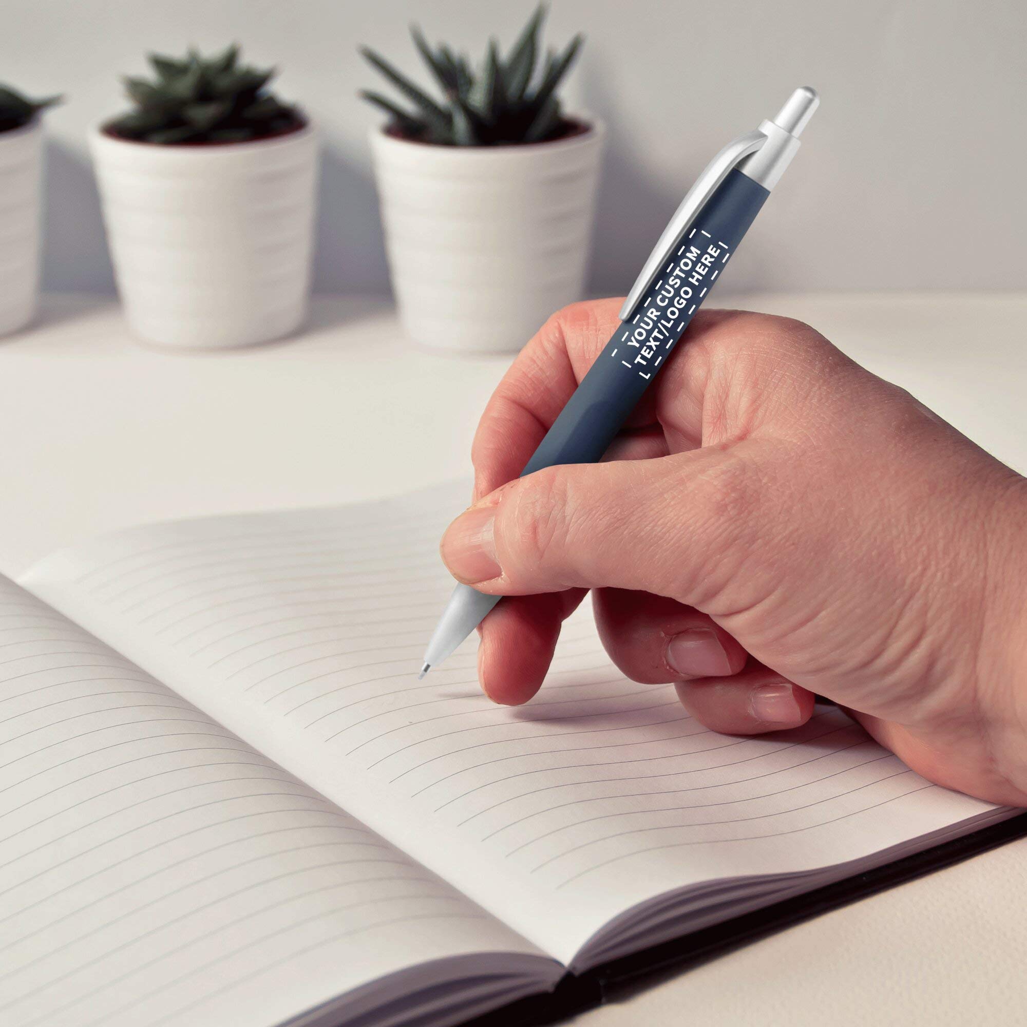 50 Pack Atlas Click Action Pens - Custom Text & Logo Printing, Black Ink, Navy Blue Plastic - Bulk Office Supplies for Business Promotions, School, and Corporate Gifting
