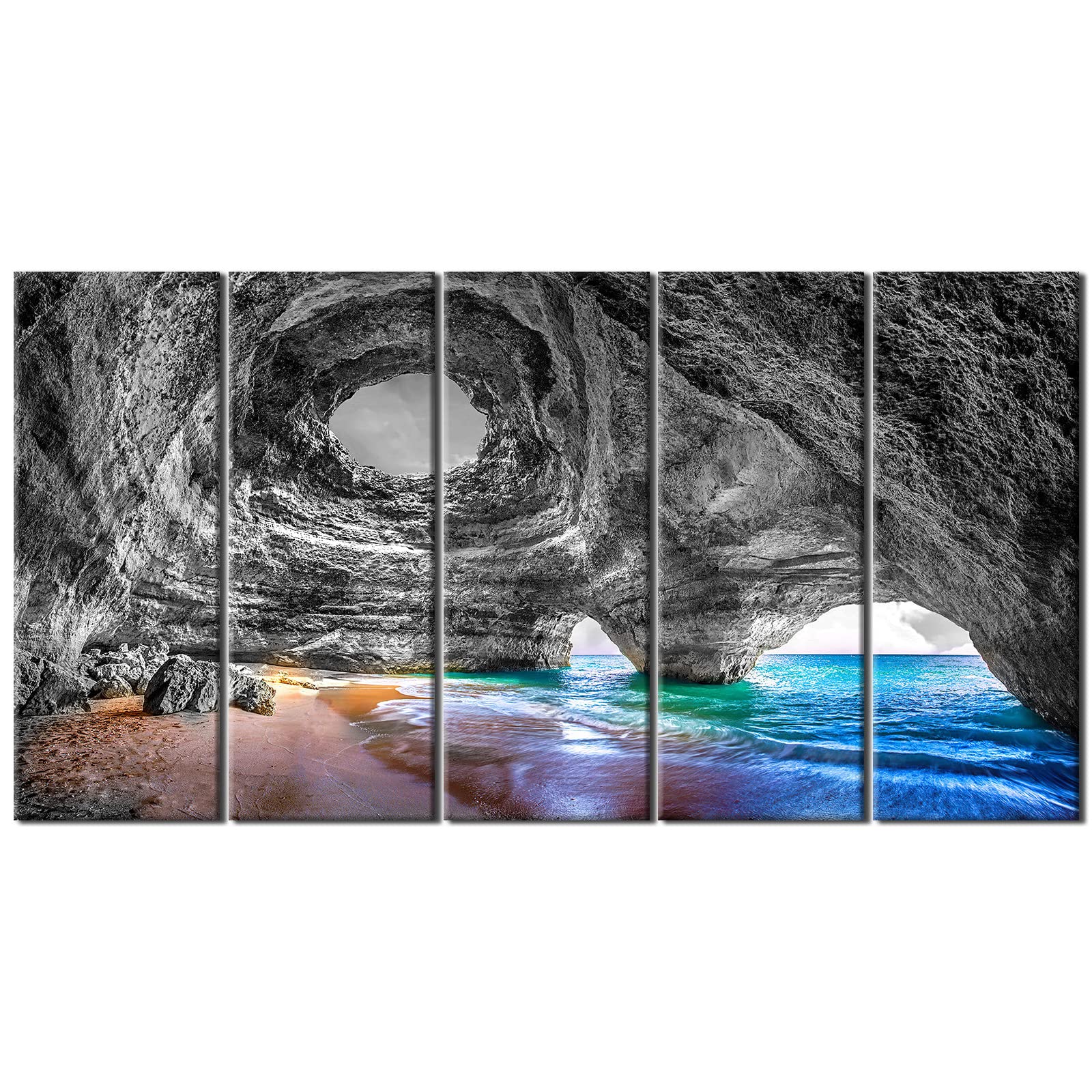 Blue Ocean Beach Canvas Wall Art - Coastal Seascape Paintings & Grey Reef Stone Island Landscape Prints (12x32” 5 Pcs) for Living Room, Bedroom Decor | Perfect for Beach House, Vacation Rental & Coastal Theme Home Decor